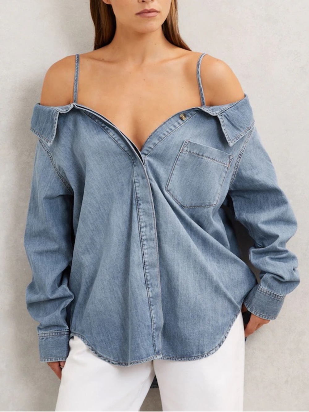 NWT Good American Denim Off Shoulder Shirt Indigo Size L